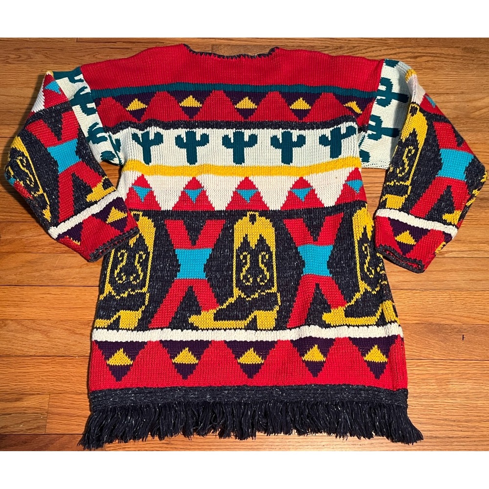 Vintage Sweater Loft Southwest Cactus Cowboy Boots Fringed Oversized Women S USA